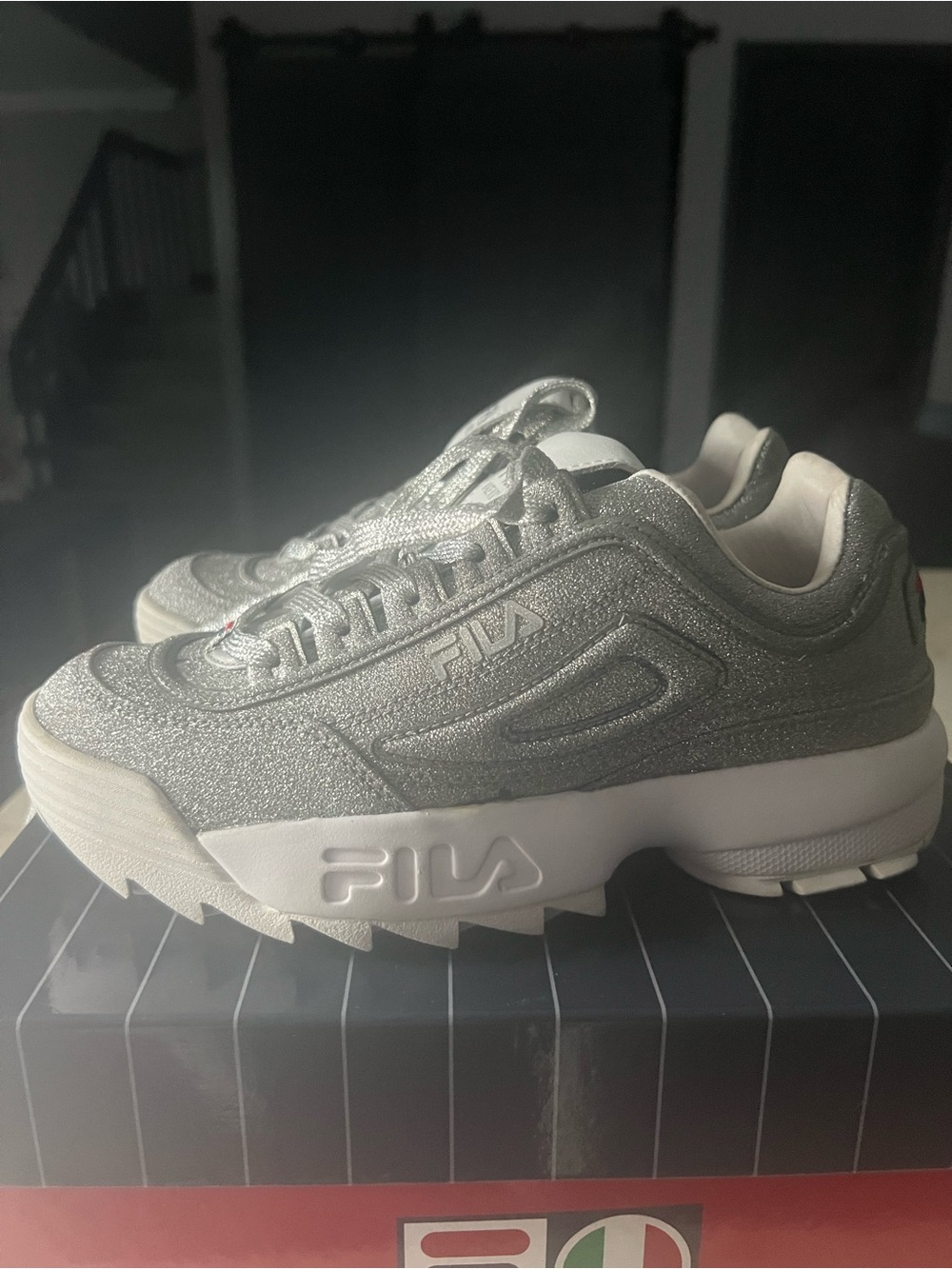 Fila Silver Glitter Platform Sneakers with Logo Accent